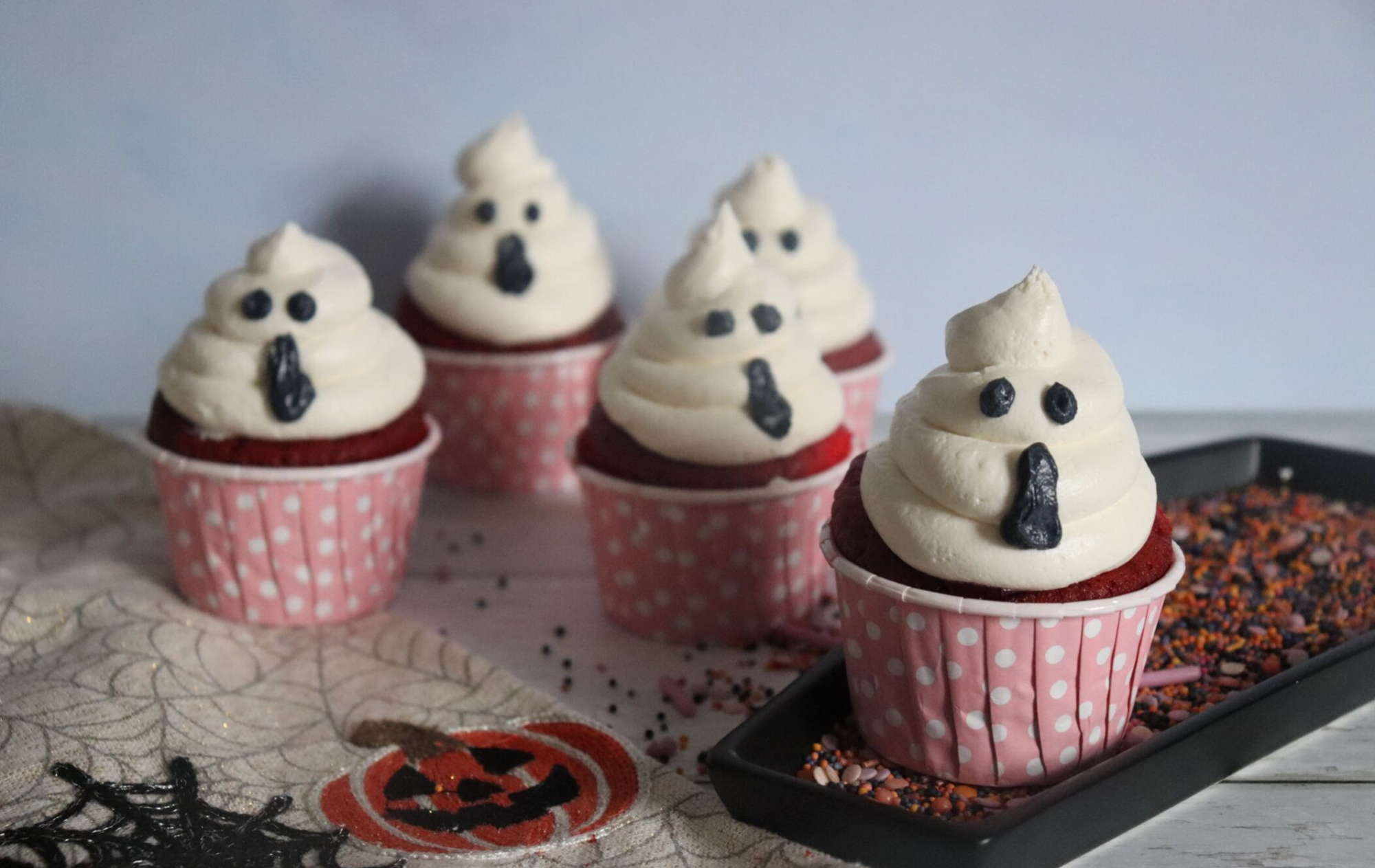 Red Vanilla Cupcakes with Ghost Piped Buttercream